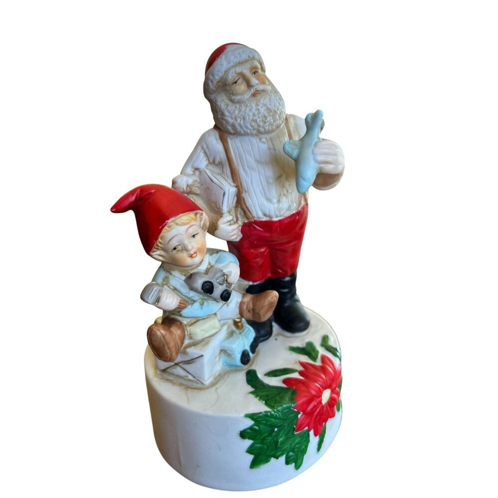 Hand Painted Vintage Santa & Elf Musical Figurine Works Plays We Wish You A Merr